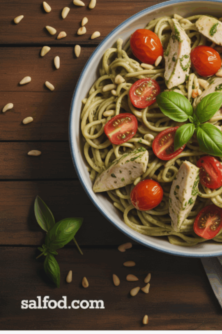 Creamy Chicken Pesto Pasta with Roasted Cherry Tomatoes and Pine Nuts