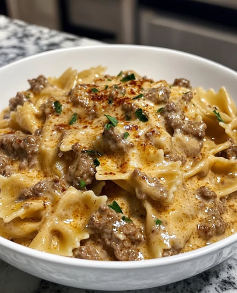 Creamy Parmesan Garlic Beef Bowtie Pasta