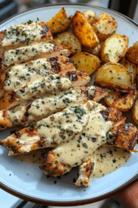 Garlic Chicken Alfredo with Crispy Potatoes & Creamy Truffle Mushroom Pesto