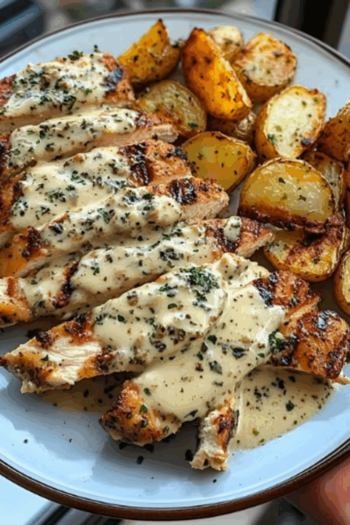 Garlic Chicken Alfredo with Crispy Potatoes & Creamy Truffle Mushroom Pesto