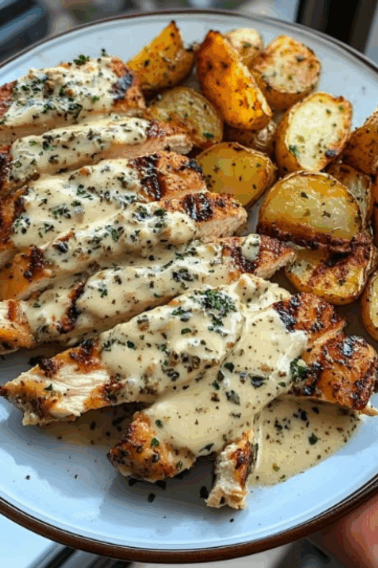 Garlic Chicken Alfredo with Crispy Potatoes & Creamy Truffle Mushroom Pesto