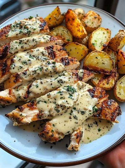 Garlic Chicken Alfredo with Crispy Potatoes & Creamy Truffle Mushroom Pesto